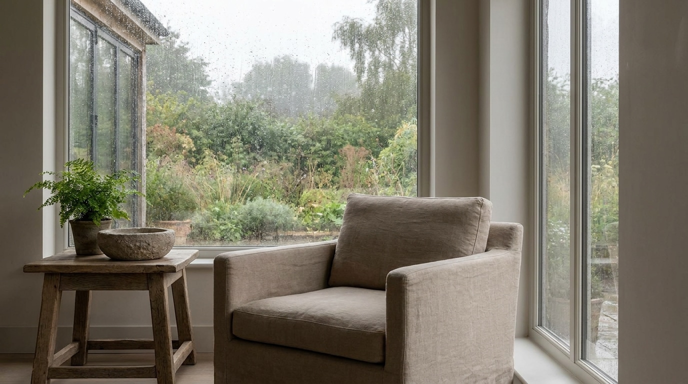 Cozy armchair by large window with greenery outside, rustic wooden side table, potted fern