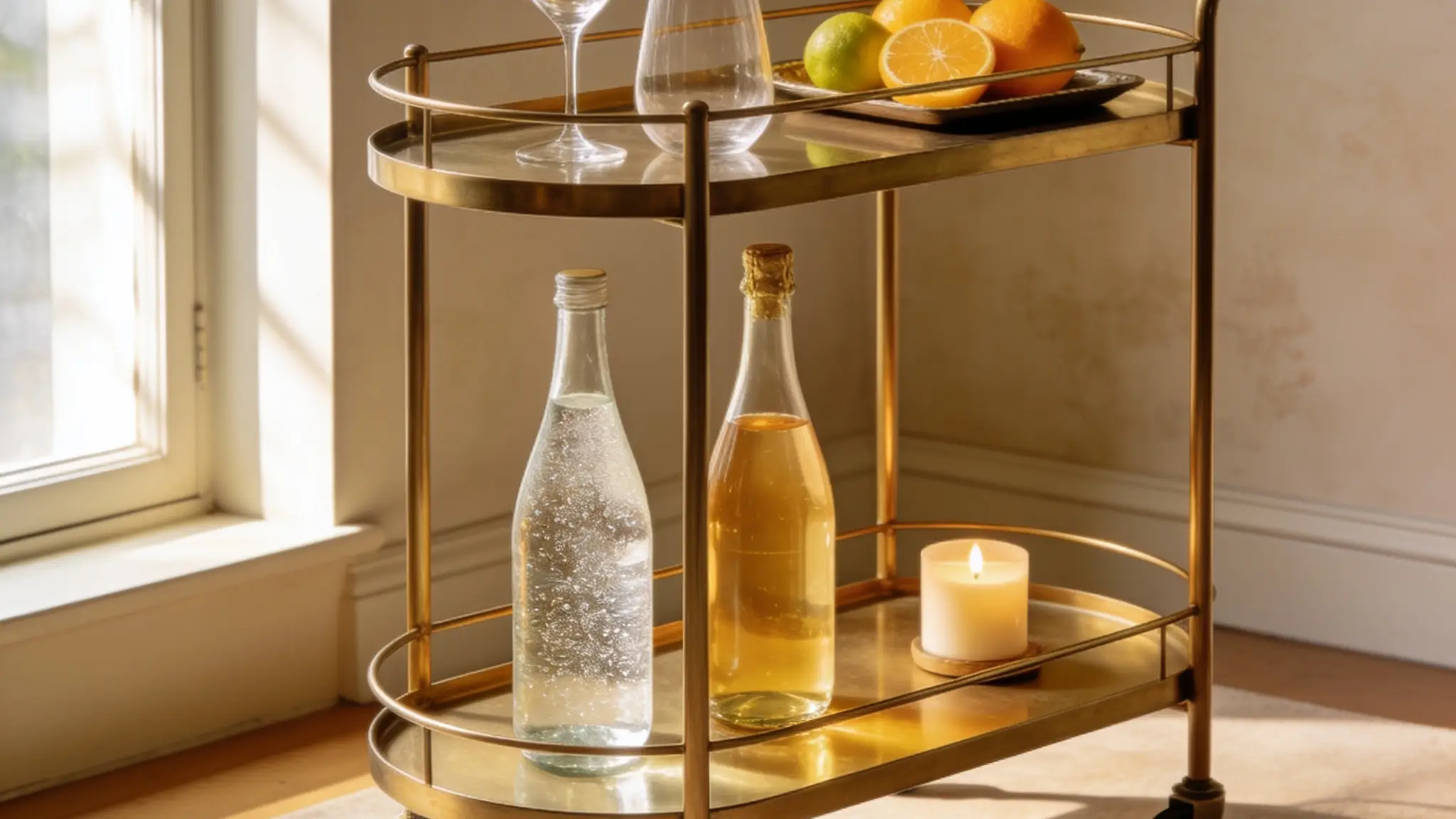 Bar cart with glass bottles, candle, and citrus fruits in warm natural light near window
