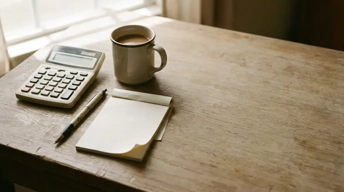 Calculator, pen, notepad, and coffee mug on wooden desk in natural light