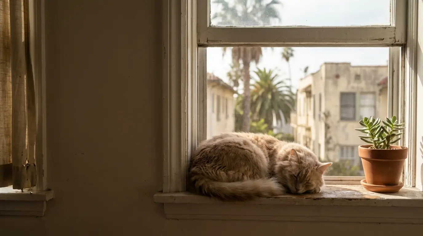 Sleeping cat on sunny windowsill beside potted succulent in cozy room