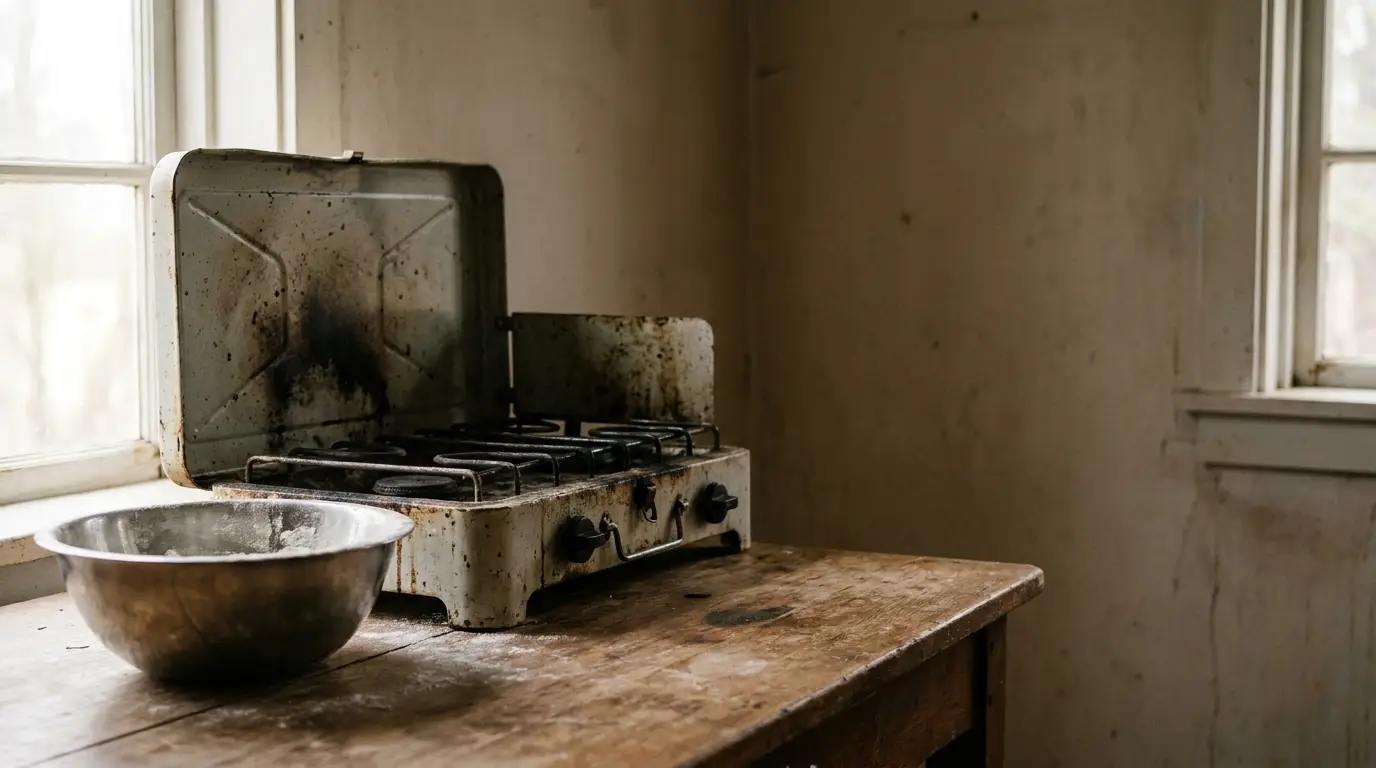 Rustic kitchen with antique gas stove and metal mixing bowl on wooden table