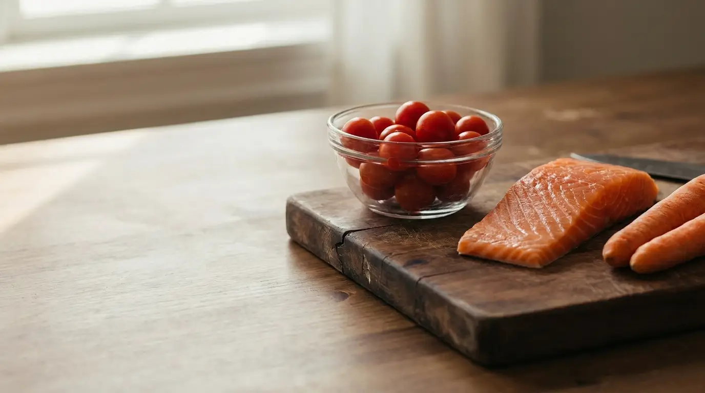 Salmon fillet, cherry tomatoes, and carrots on wooden cutting board in bright kitchen