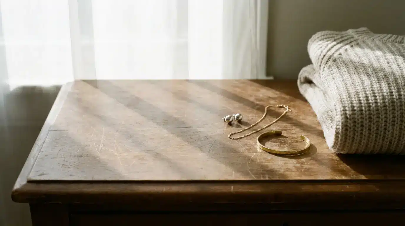 Folded knit sweater on wooden table with necklace and bracelet in soft natural light