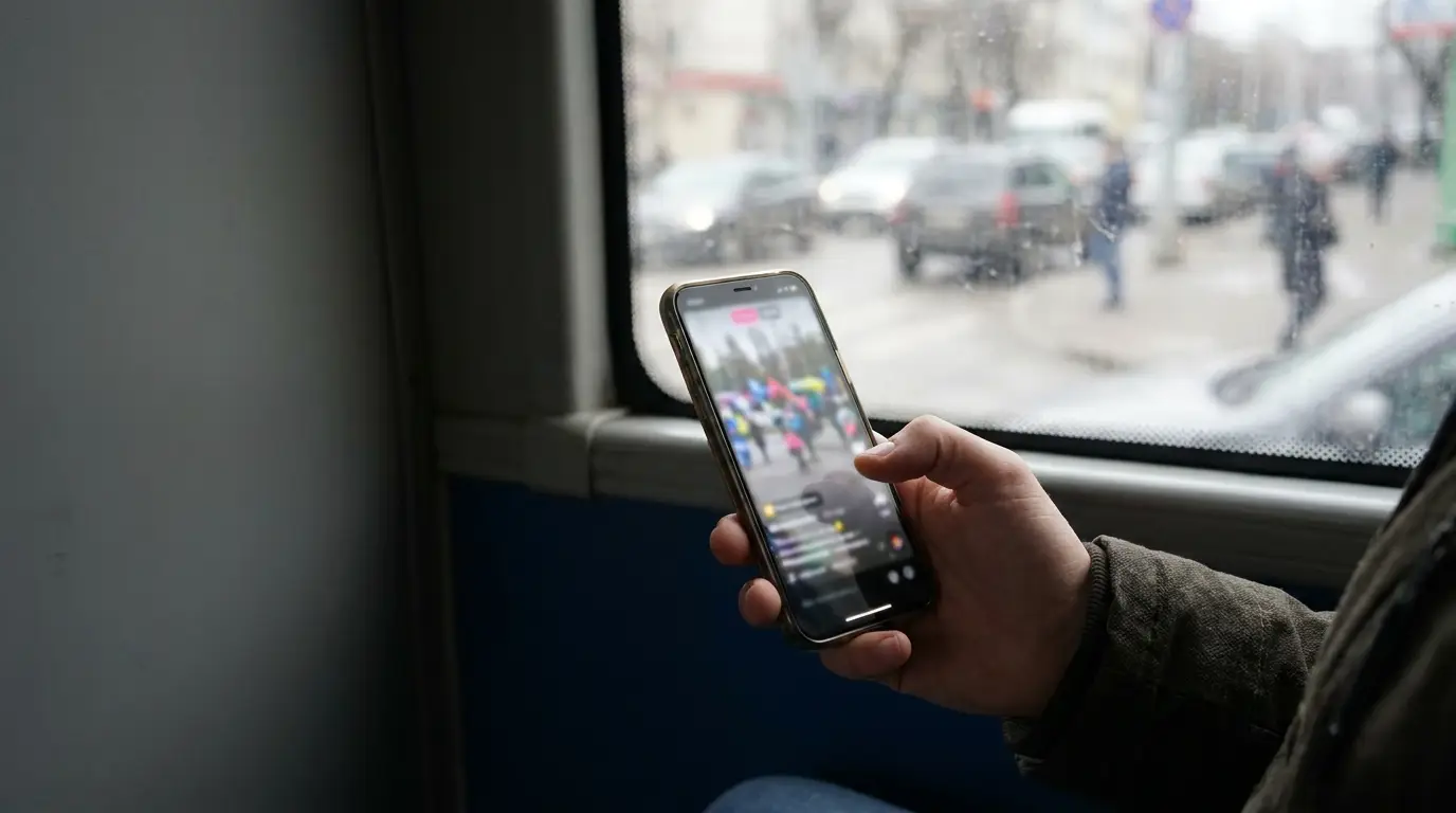 Person holding smartphone with blurred live stream screen on bus with city street view