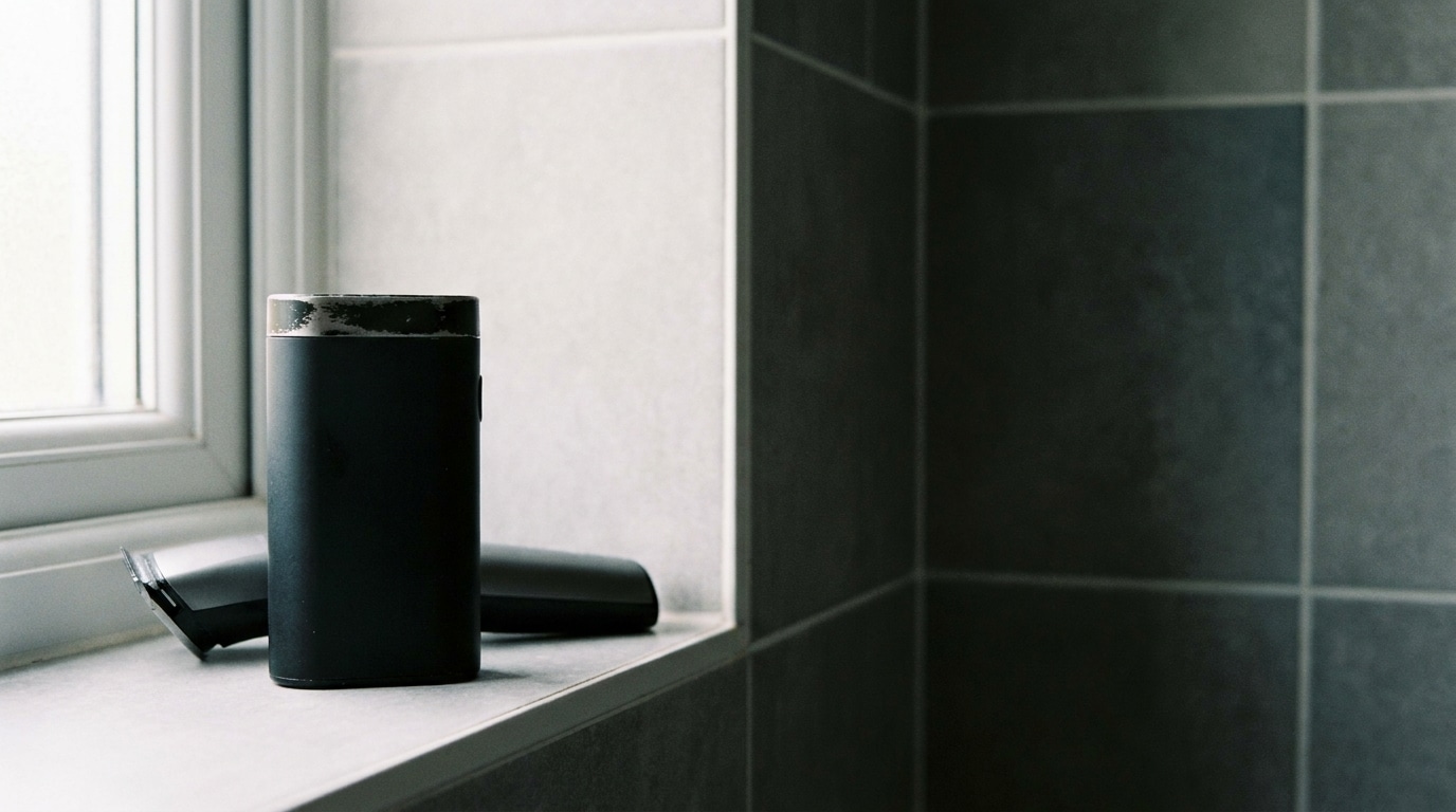 Black electric shaver on tiled bathroom windowsill with natural light