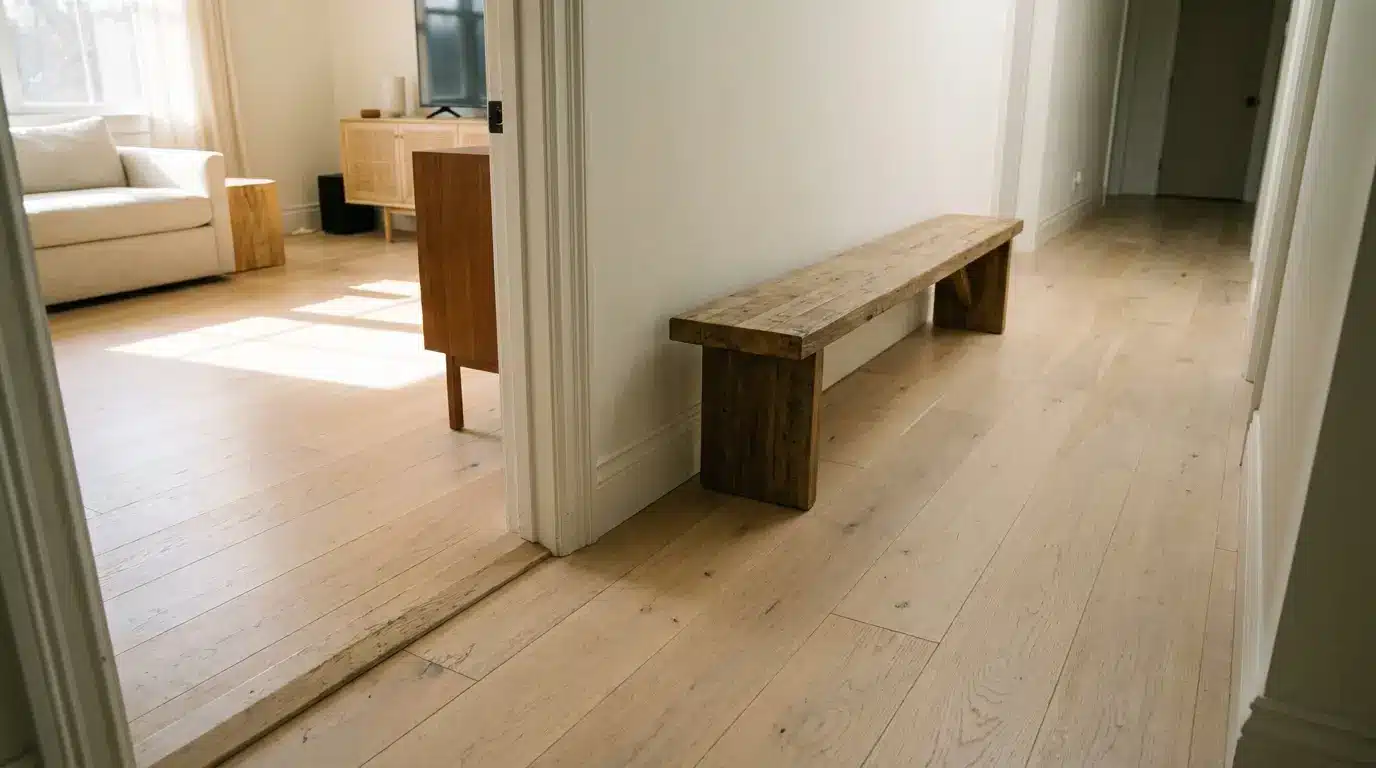 Hallway with wooden bench leading to bright living room with sofa and wooden cabinet