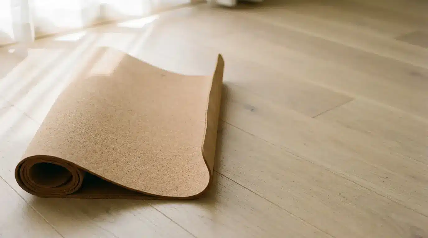 Wide cork yoga mat unrolled on light hardwood floor in soft morning window light