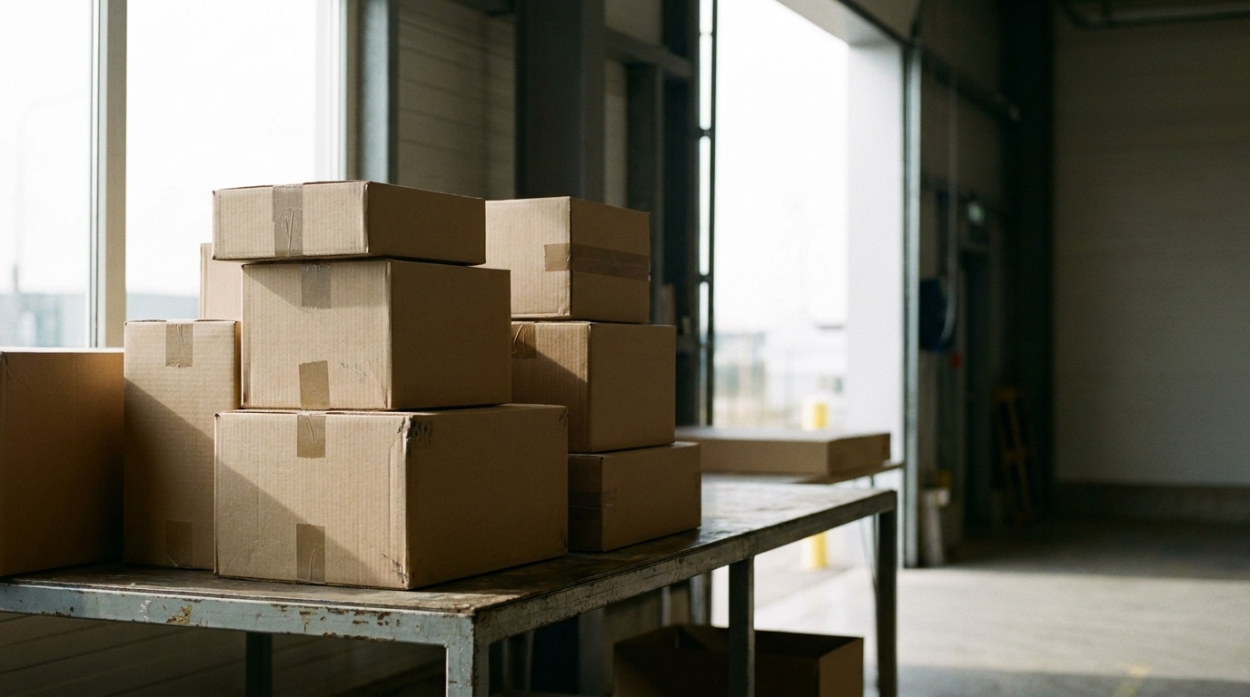 Cardboard boxes stacked on metal table in industrial warehouse setting