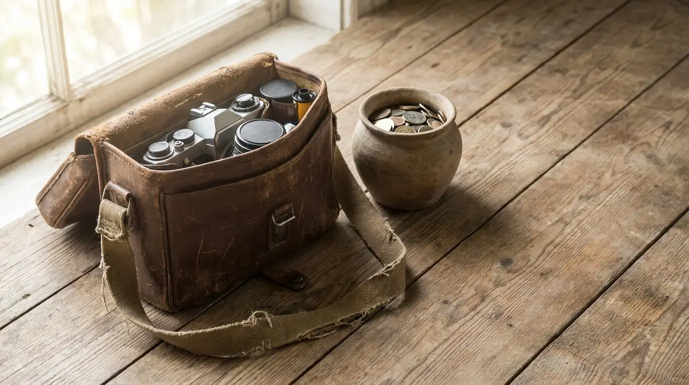 Open leather camera bag on a wooden studio table next to a plain ceramic jar holding coins