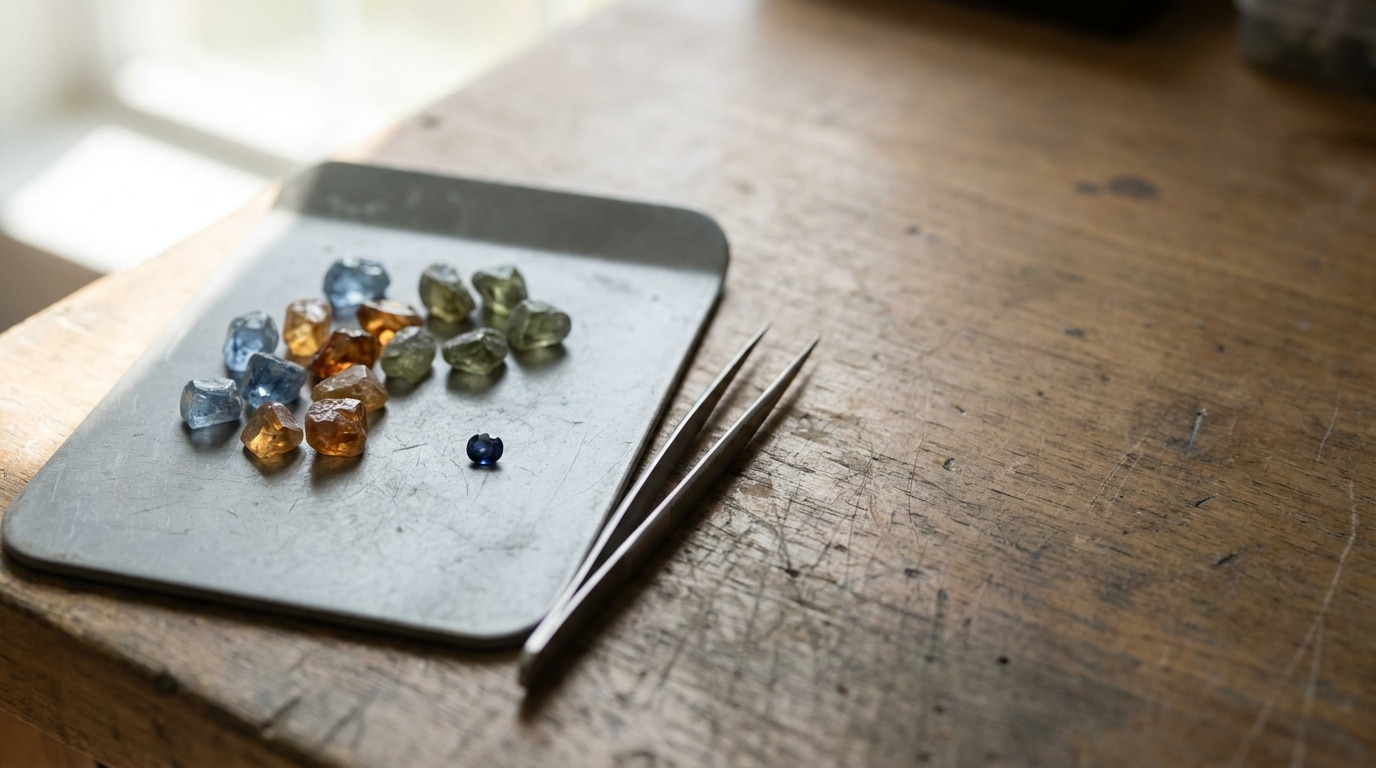 Gemstones arranged on a metal tray with tweezers on a wooden table