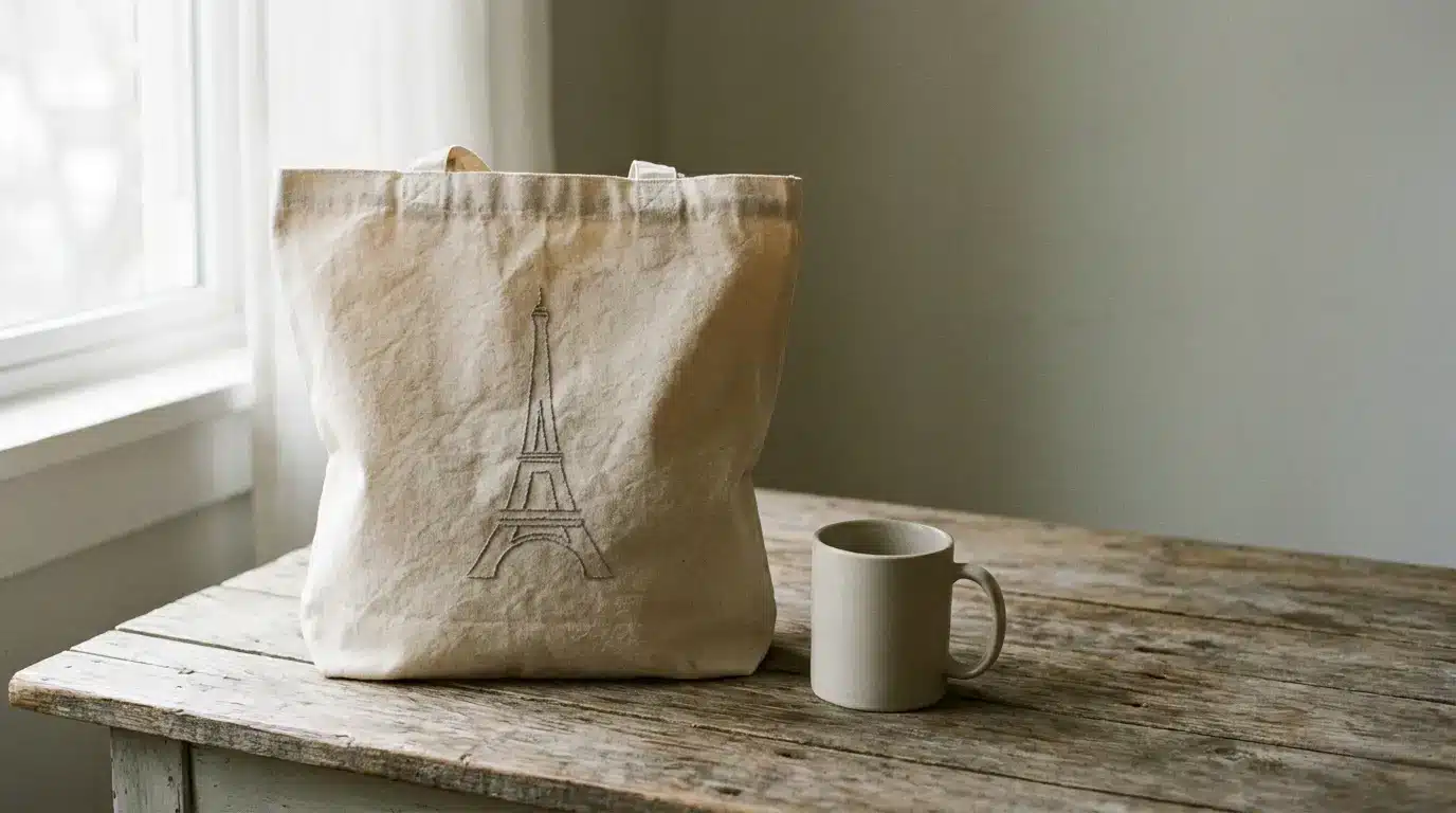 Canvas tote bag with Eiffel Tower design next to ceramic mug on rustic wooden table