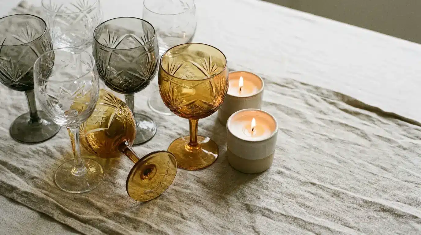 Vintage crystal goblets in gray and amber next to lit candles on linen tablecloth