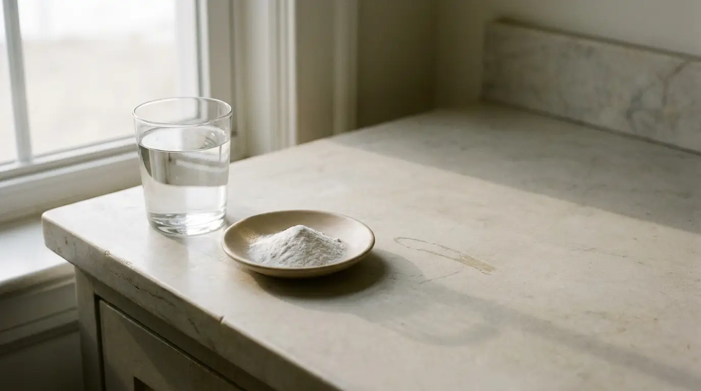 Glass of water and bowl of salt on marble countertop in natural light