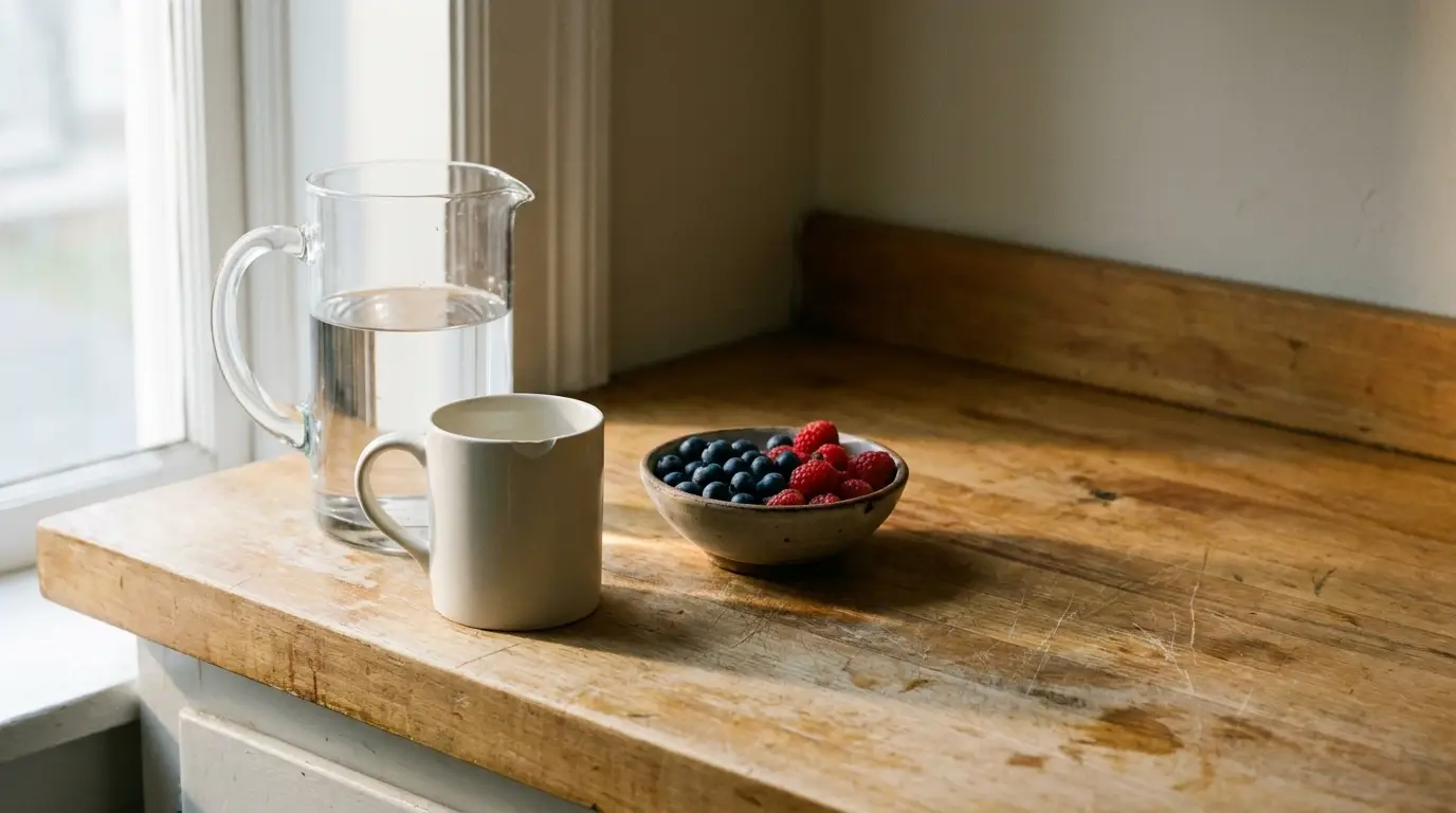 Pitcher of water, ceramic mug, and bowl of berries on wooden countertop by window