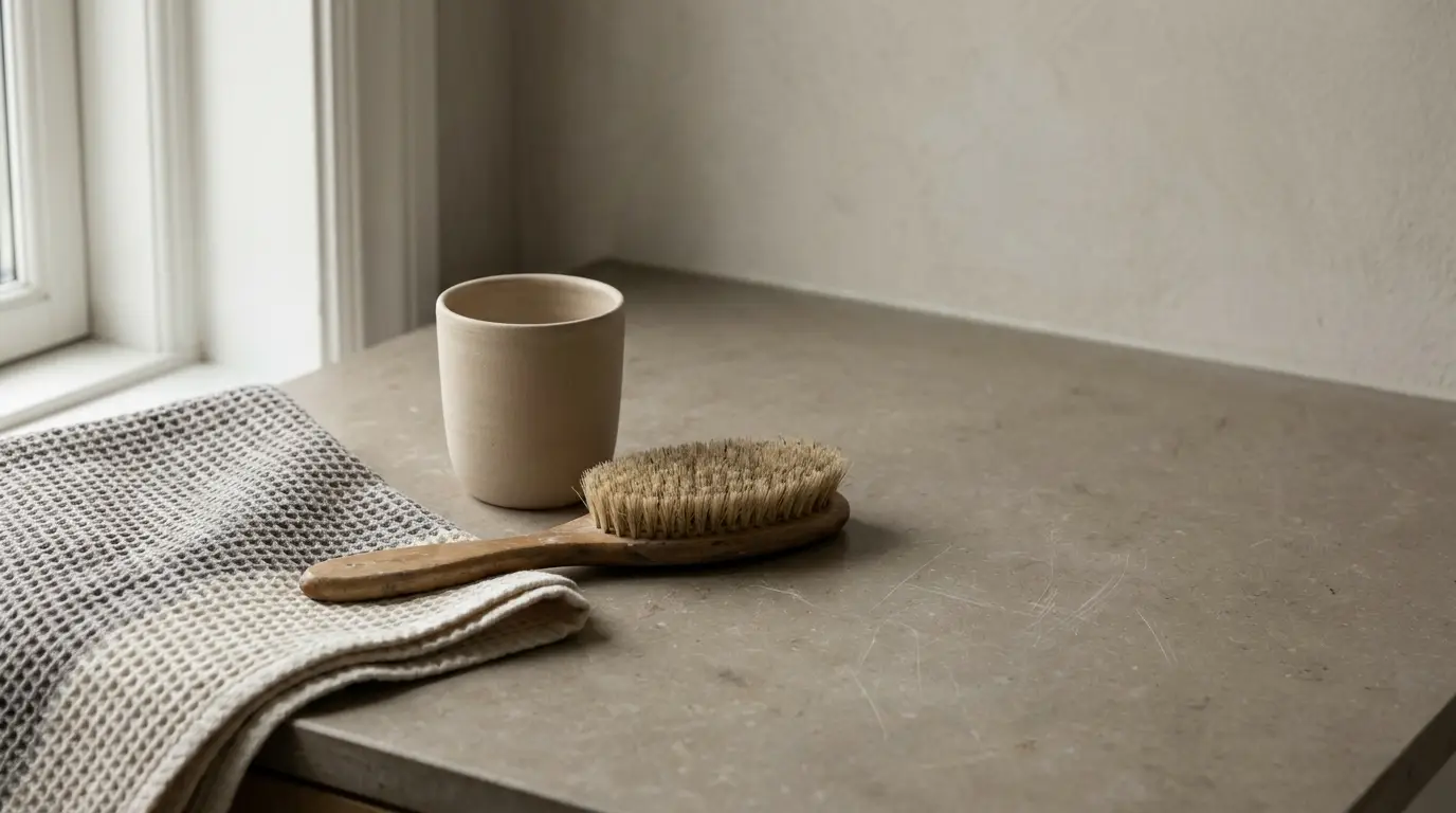 Ceramic glass, wooden hairbrush and folded towel on a bathroom counter in soft morning light
