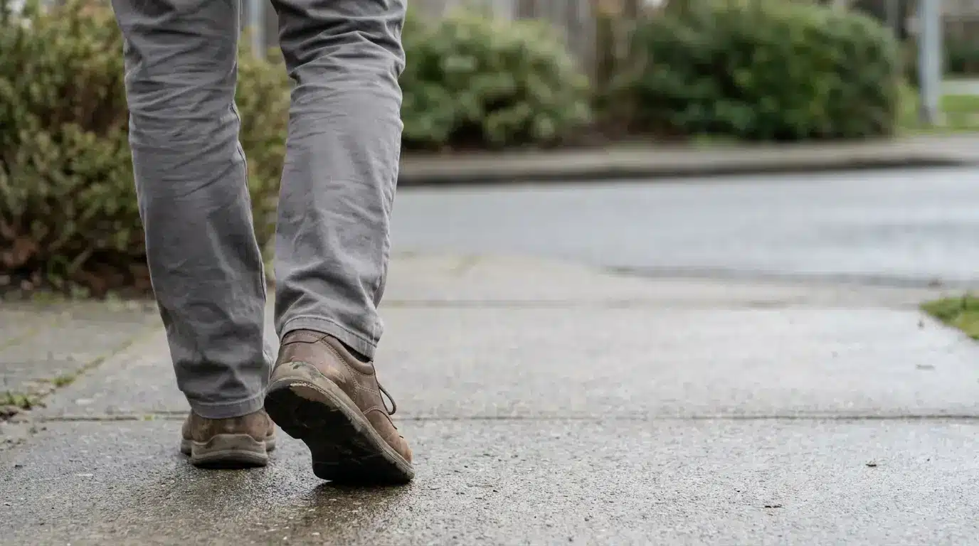 Person walking on wet sidewalk wearing brown shoes and gray pants on cloudy day