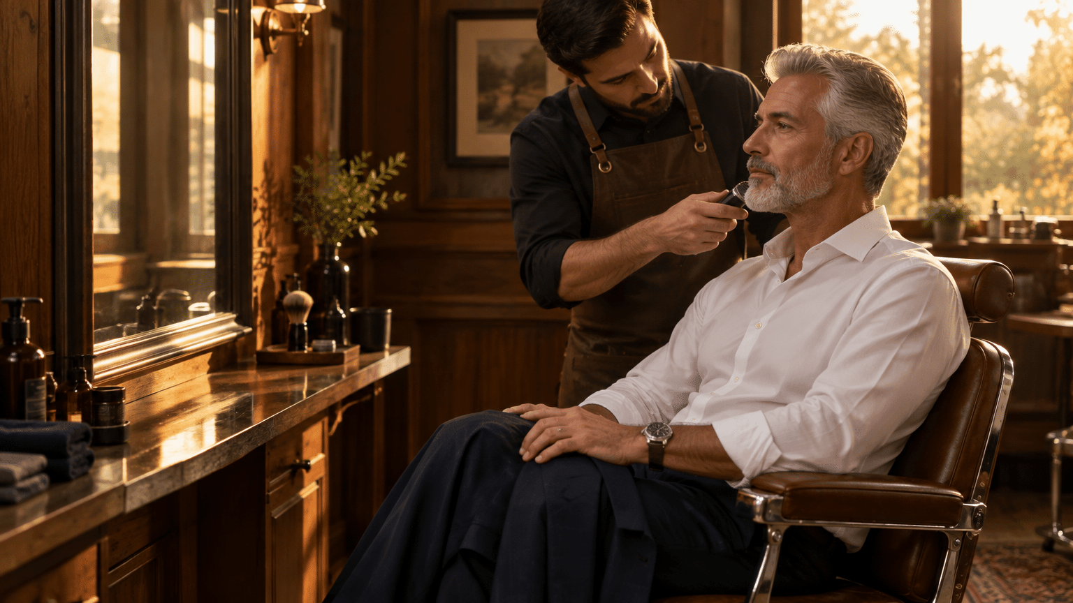 Barber grooming mature man's beard in cozy, wood-paneled barbershop with warm lighting