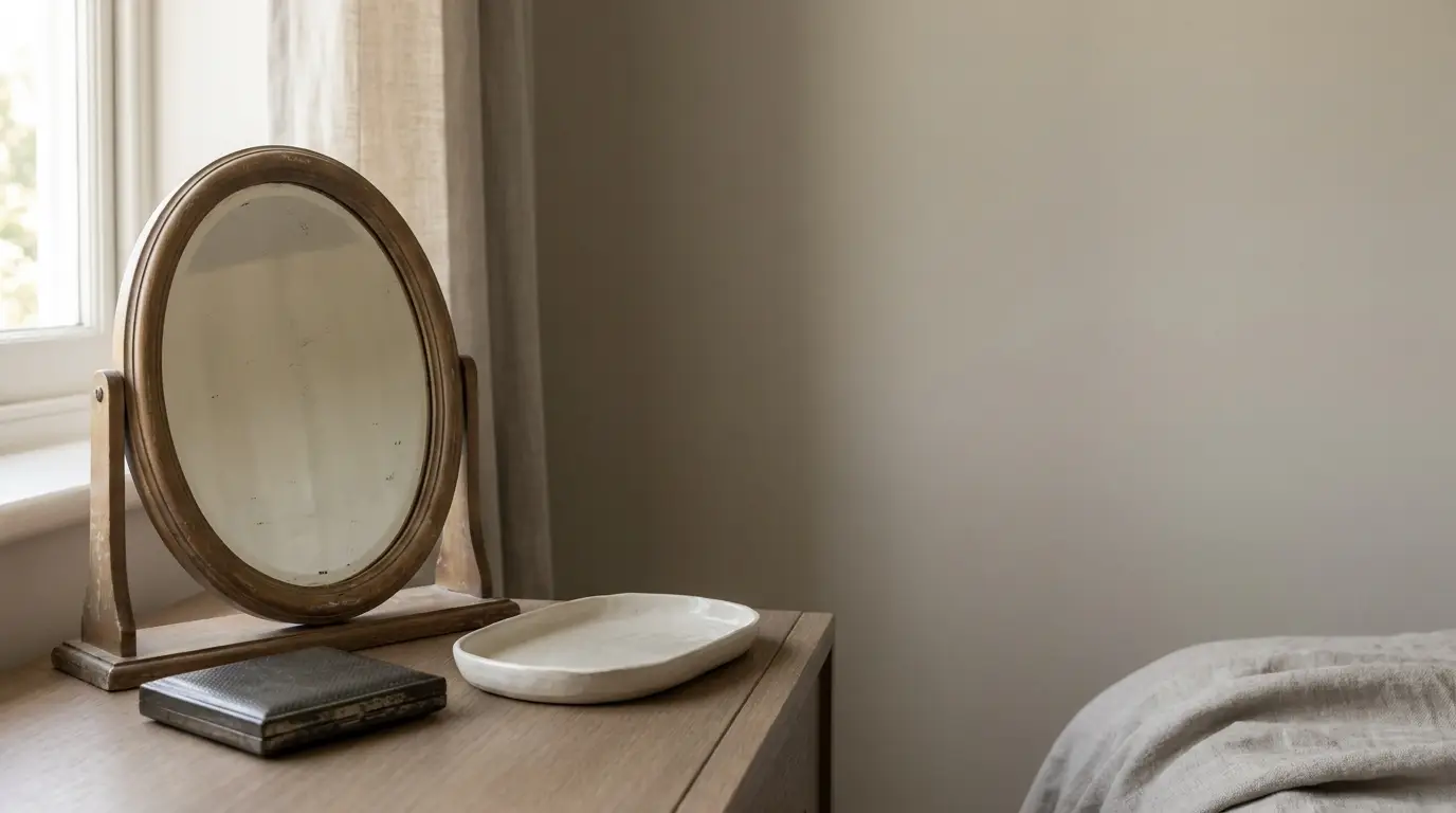 Round wooden mirror on wooden dresser with ceramic dish and book in softly lit bedroom