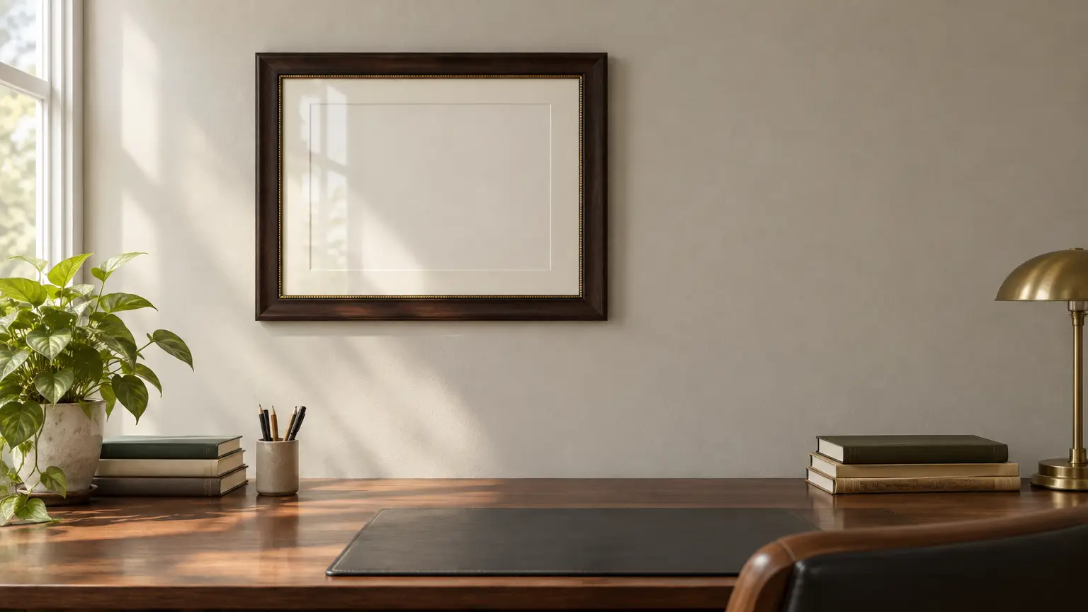 Framed picture on wall above wooden desk with books and lamp in bright study