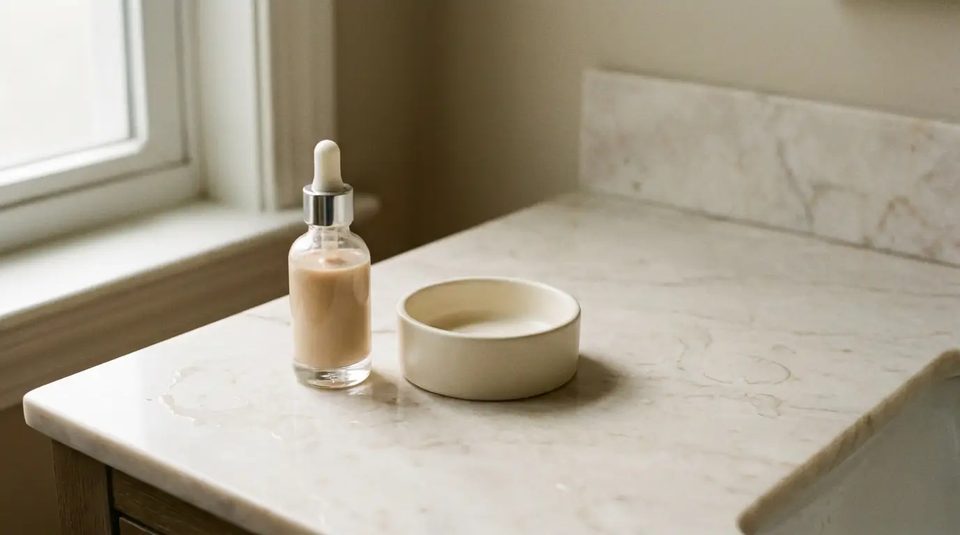 Dropper bottle and ceramic dish on marble bathroom countertop in natural light