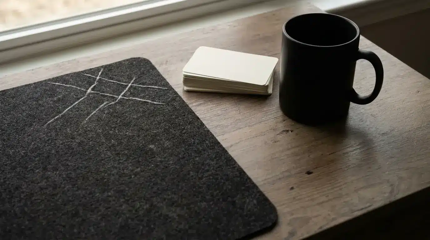 Dark ceramic mug and stack of blank cards on wooden desk near window