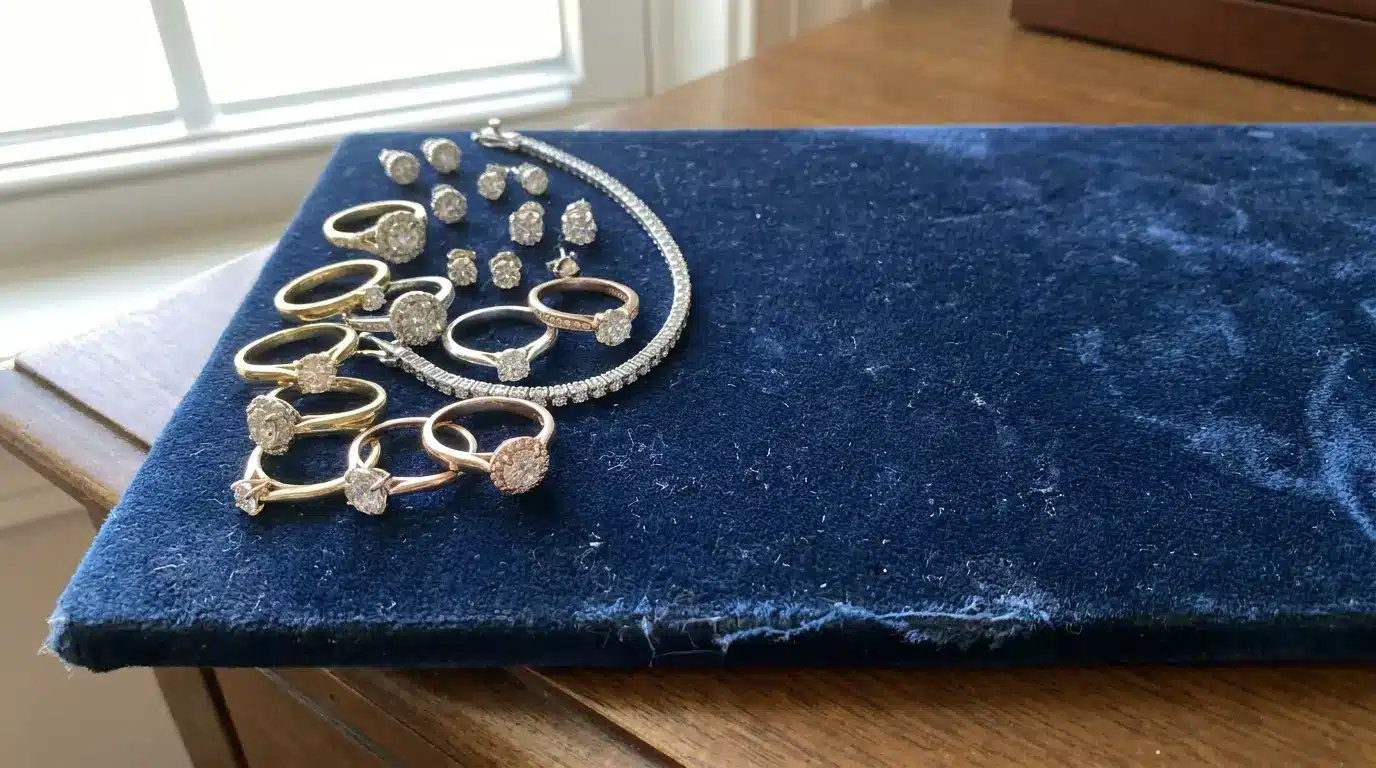 Diamond rings, earrings, and bracelet displayed on blue velvet panel near window