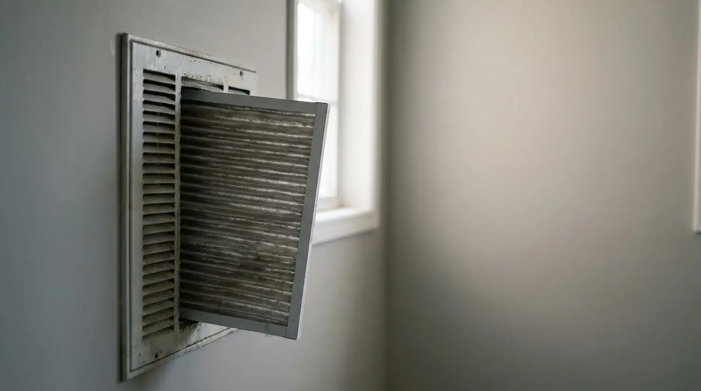 Dirty air vent with open panel in a dimly lit room