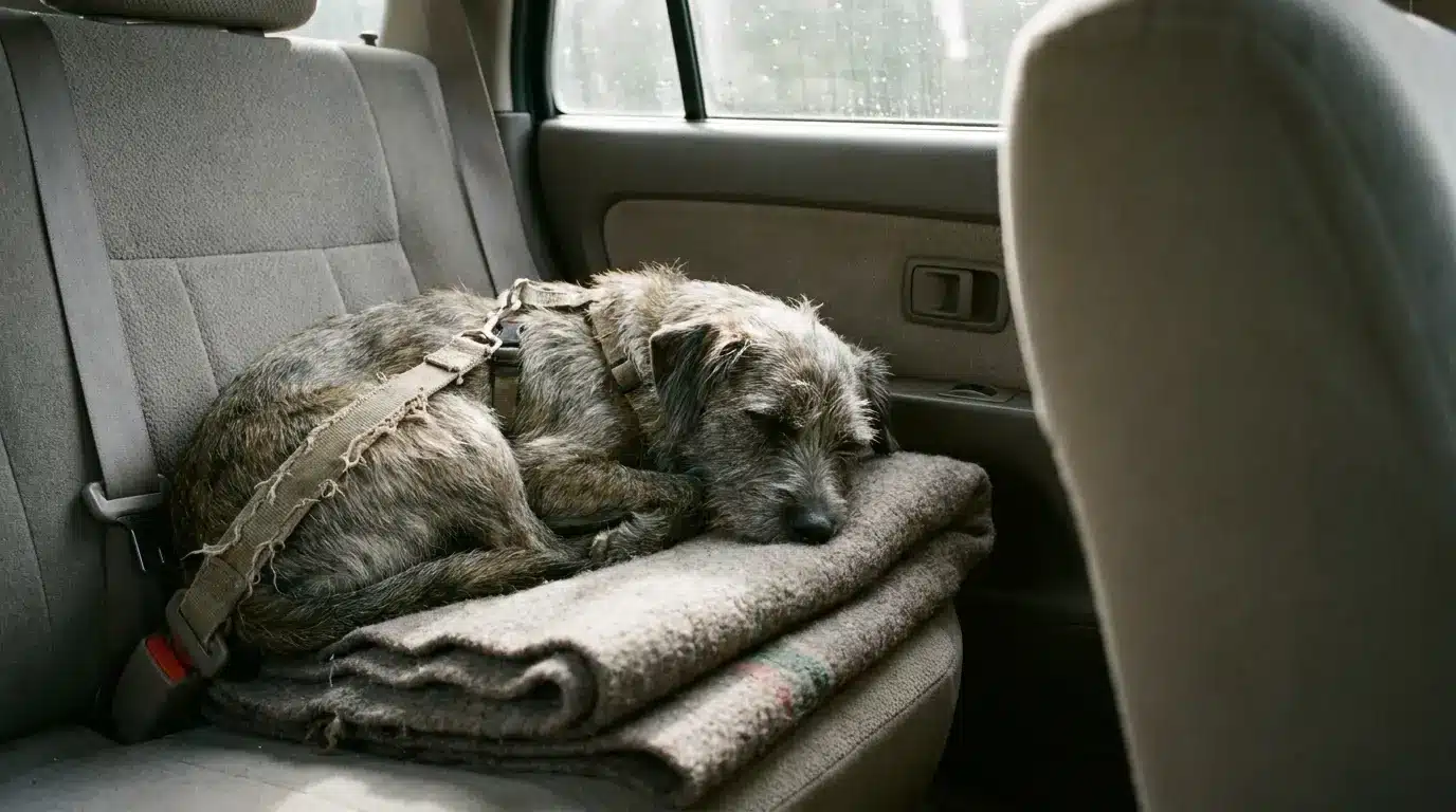Dog sleeping on backseat of car with cozy brown blankets and harness