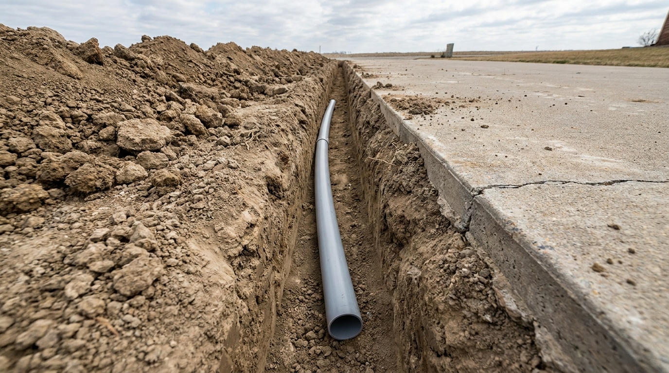 Trench with gray pipeline alongside concrete road in an outdoor setting