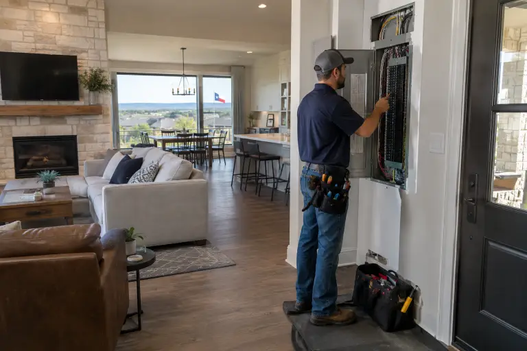 Electrician fixing circuit panel in modern living room with open kitchen and large window view