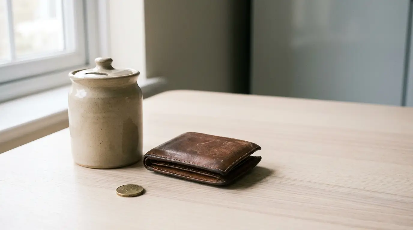 Plain ceramic coin jar and worn leather wallet on a wooden table in soft morning light