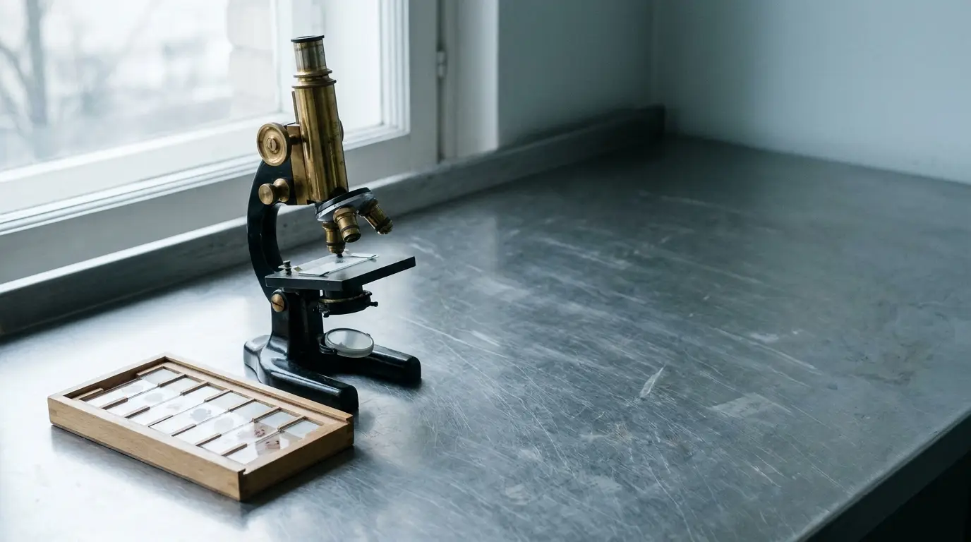 Brass microscope and wooden slide box on stainless steel lab tabletop in natural light