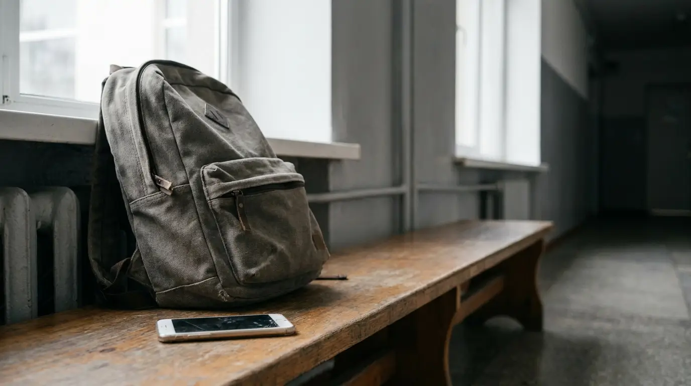 Backpack and smartphone on wooden bench in dimly lit hallway