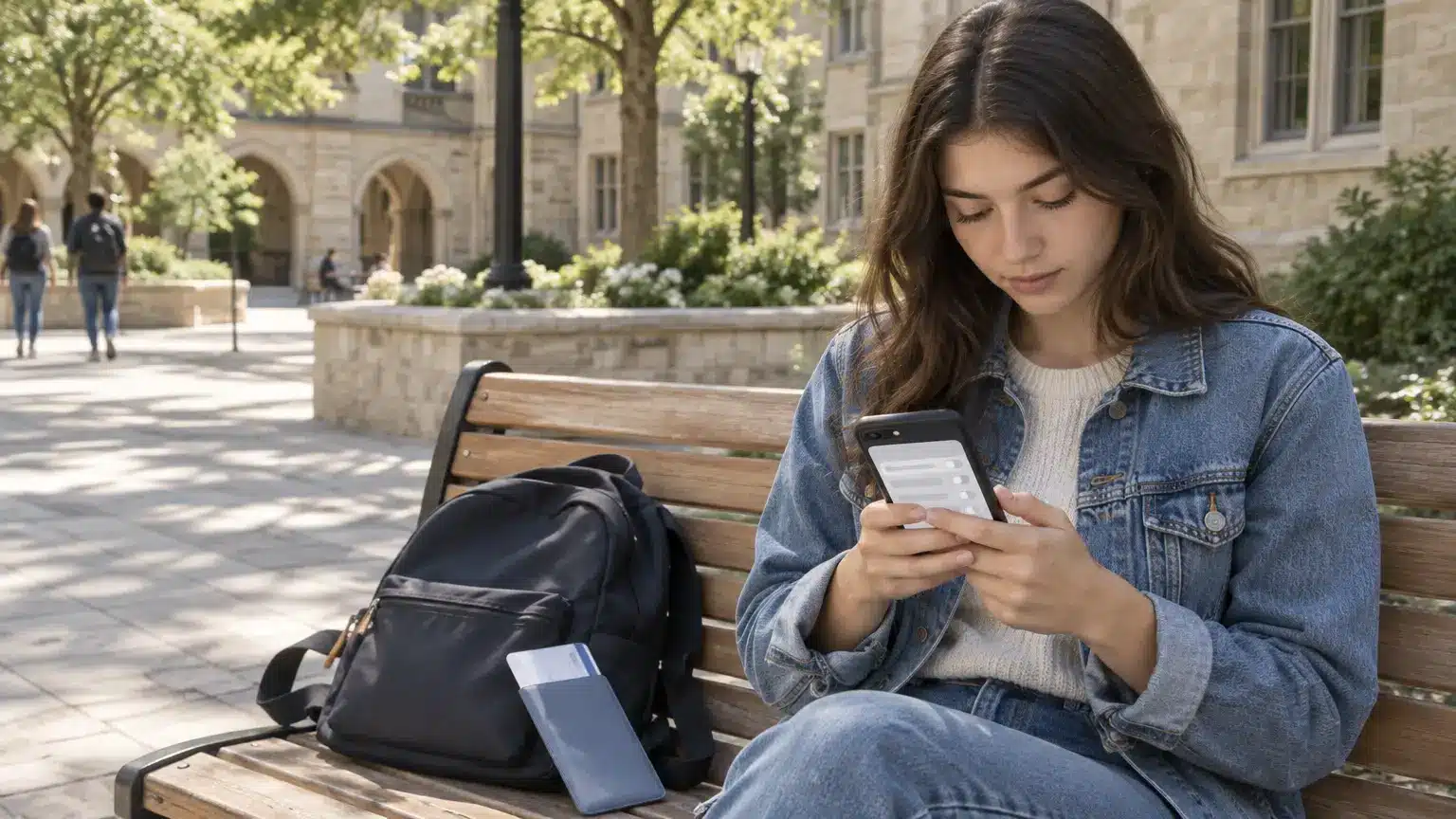 Young woman in denim jacket using smartphone on campus bench with backpack nearby