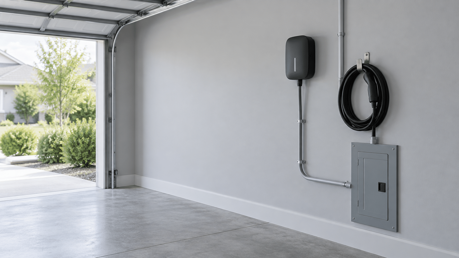 Electric car charging station mounted on garage wall with coiled cable next to control panel