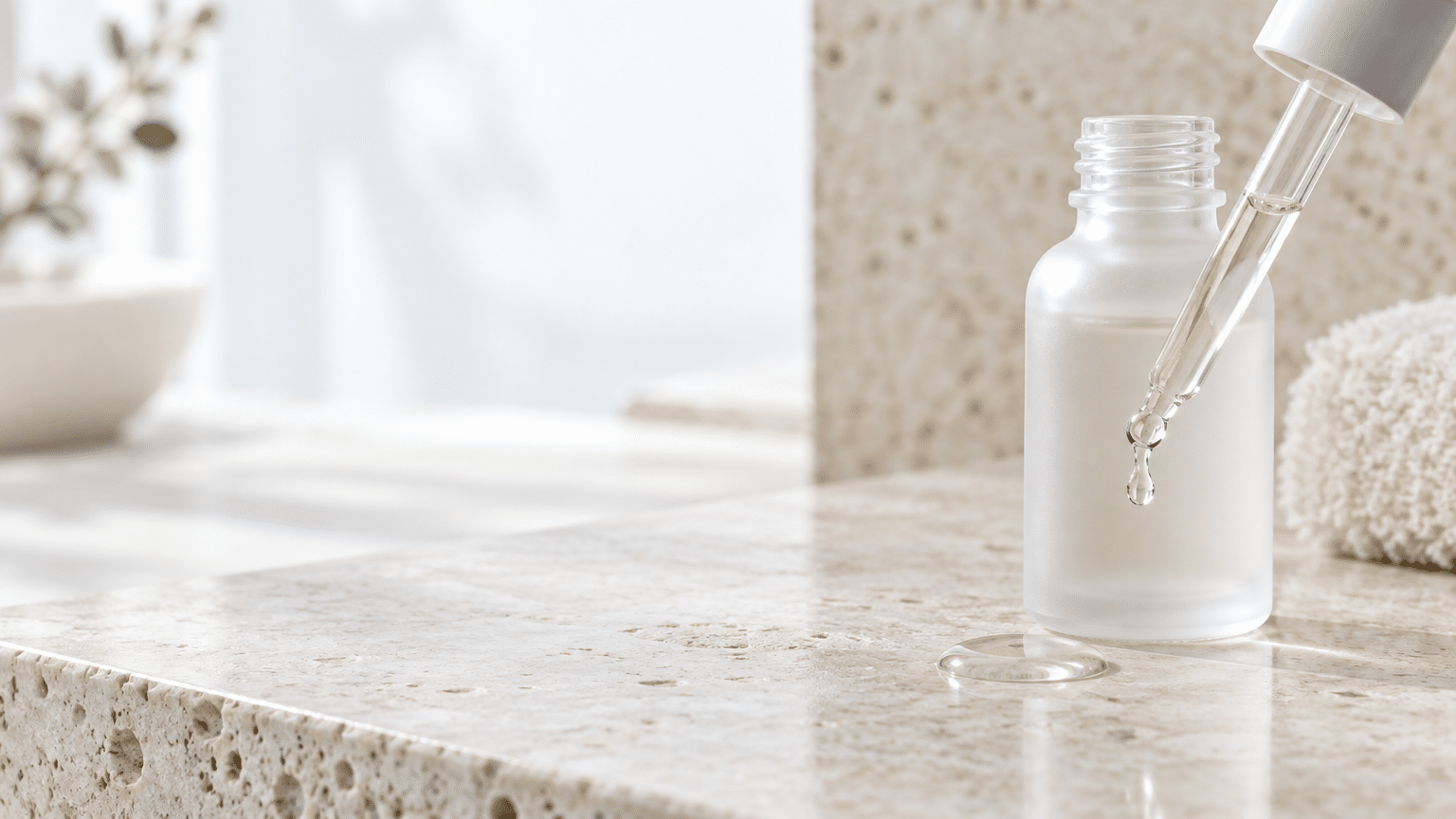 Glass dropper bottle with clear liquid on marble surface in bright bathroom setting