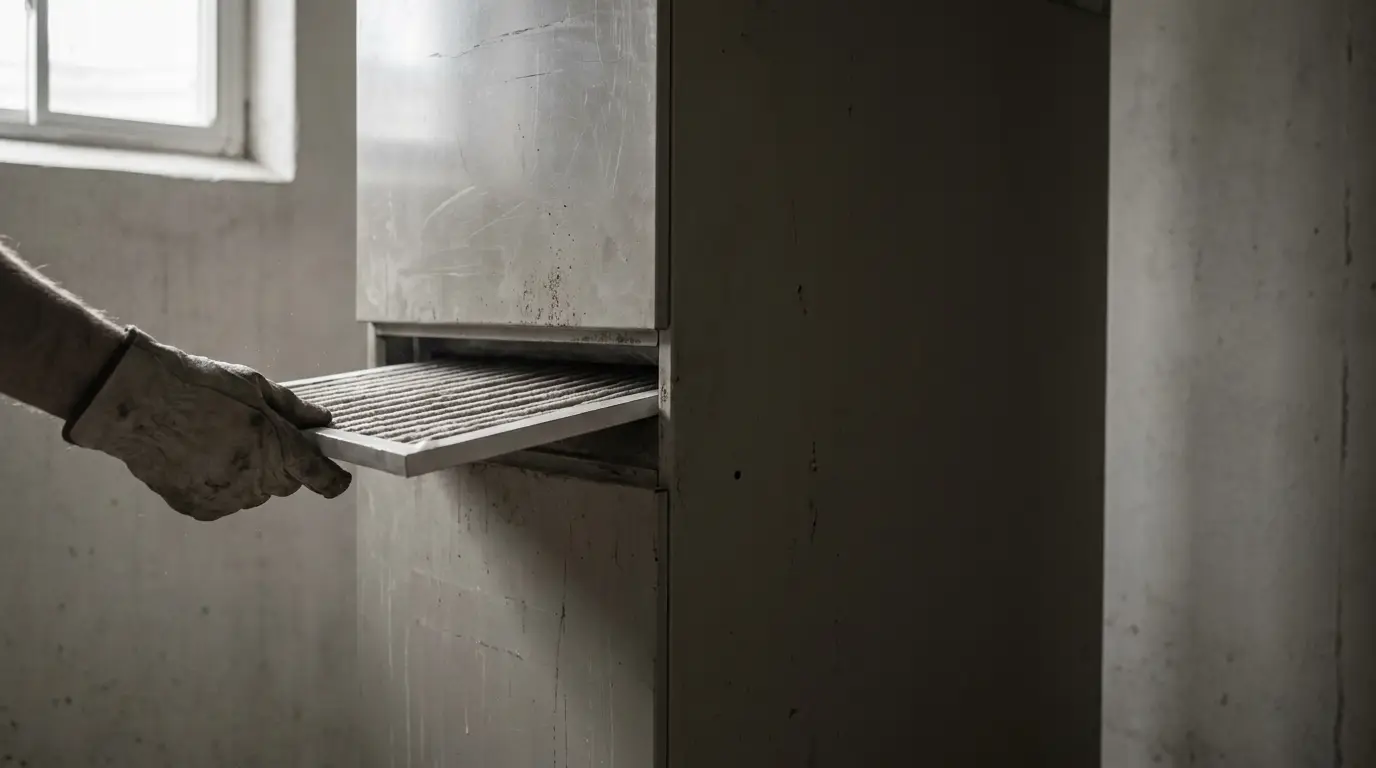 Person changing air filter in industrial unit with glove in dimly lit room
