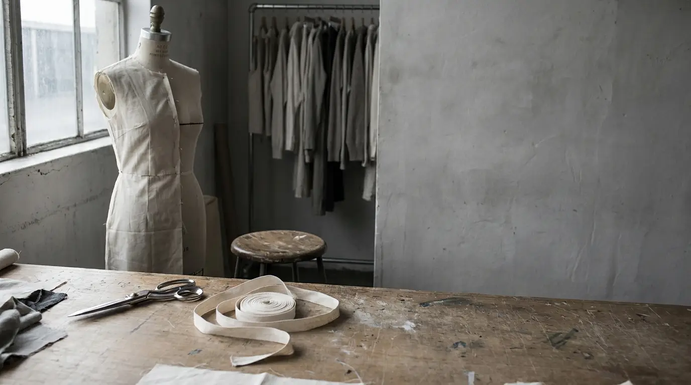Dress form and fabric scraps on a wooden table in a dimly lit sewing studio