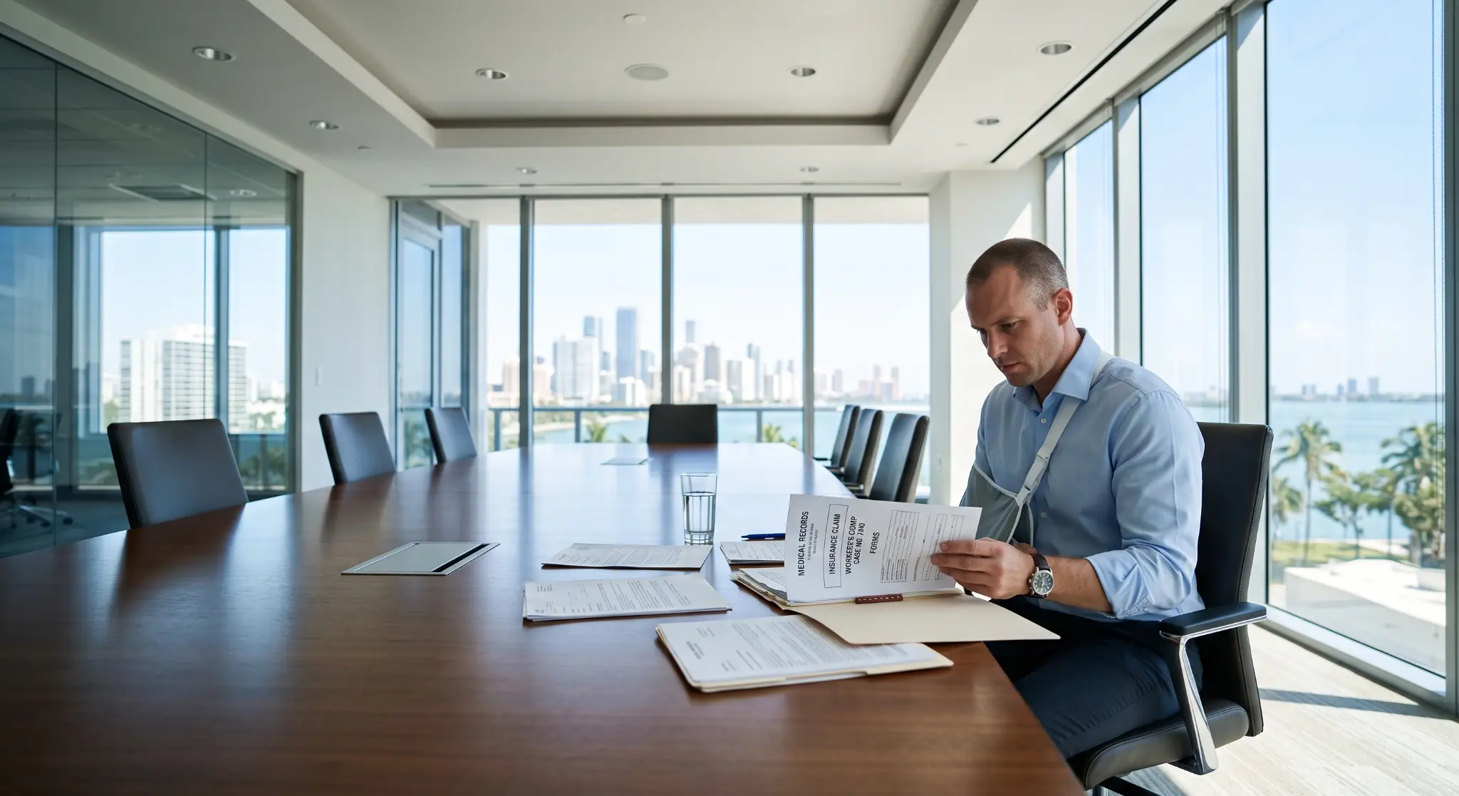 Businessman reviewing documents at large conference table in bright office with city view