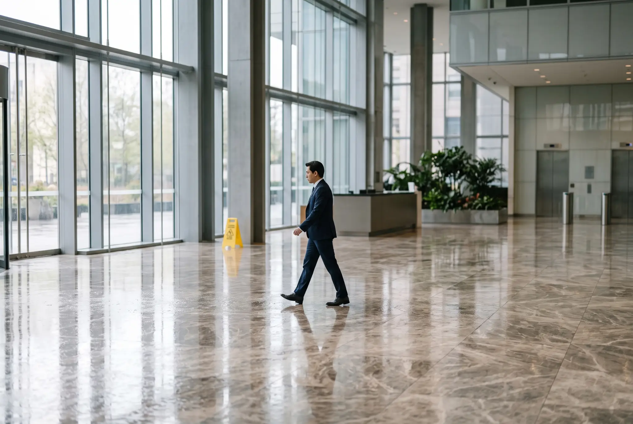 Man in suit walking through spacious modern lobby with large windows and marble floor