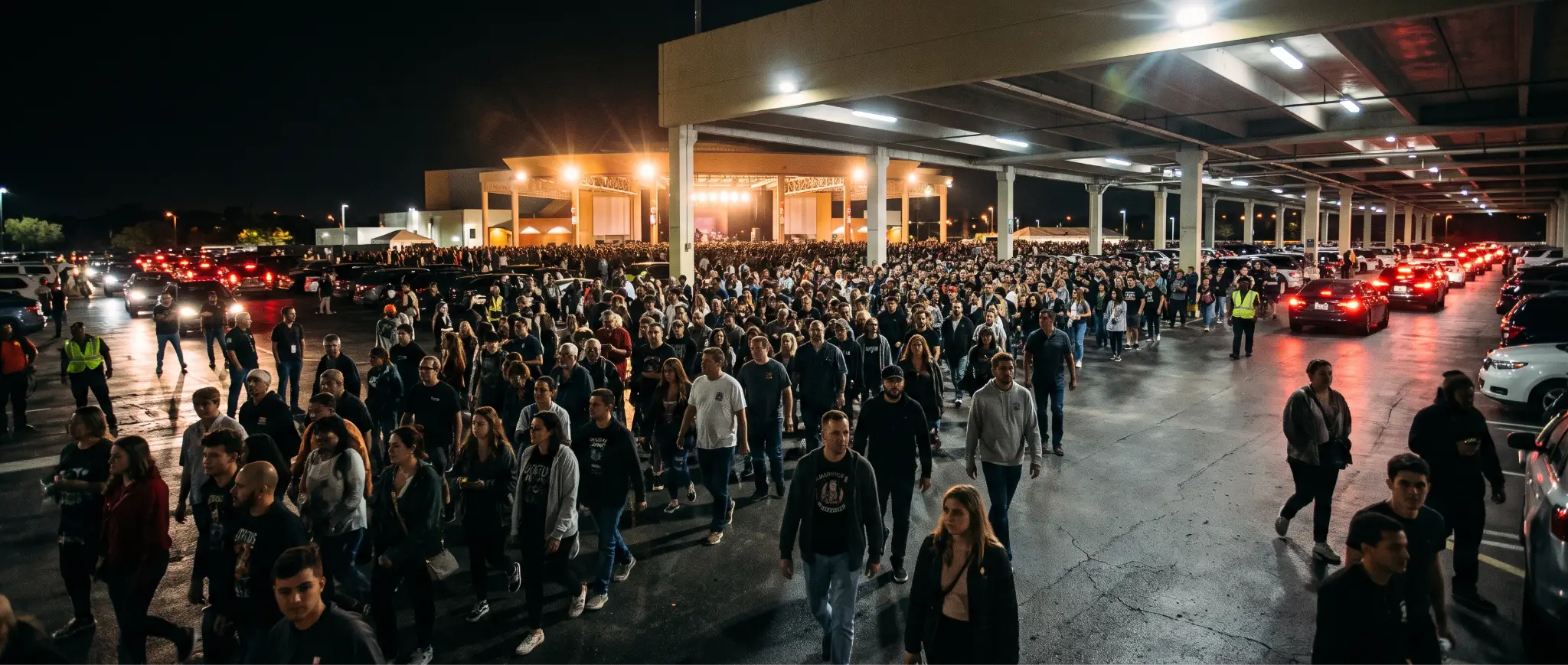 Large crowd exiting an event venue at night, with cars lined up in the parking lot