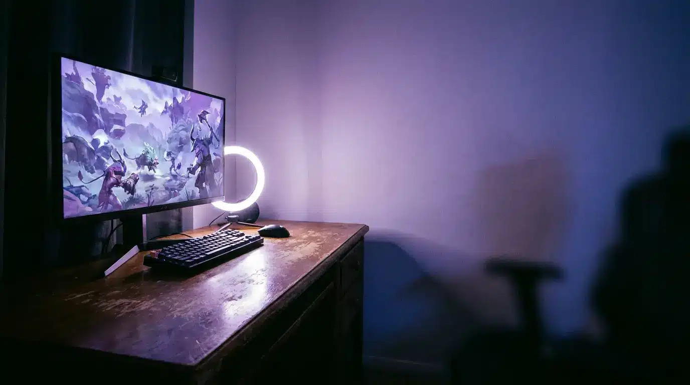 Gaming setup on wooden desk with large monitor, keyboard, and glowing ring light in dim room