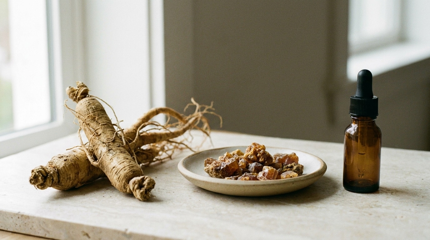 Brown ginseng roots and amber dropper bottle on marble countertop in bright natural light