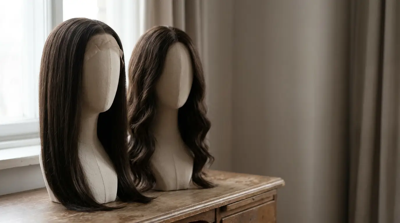 Two mannequin heads with dark brown wigs on a wooden dresser near a window