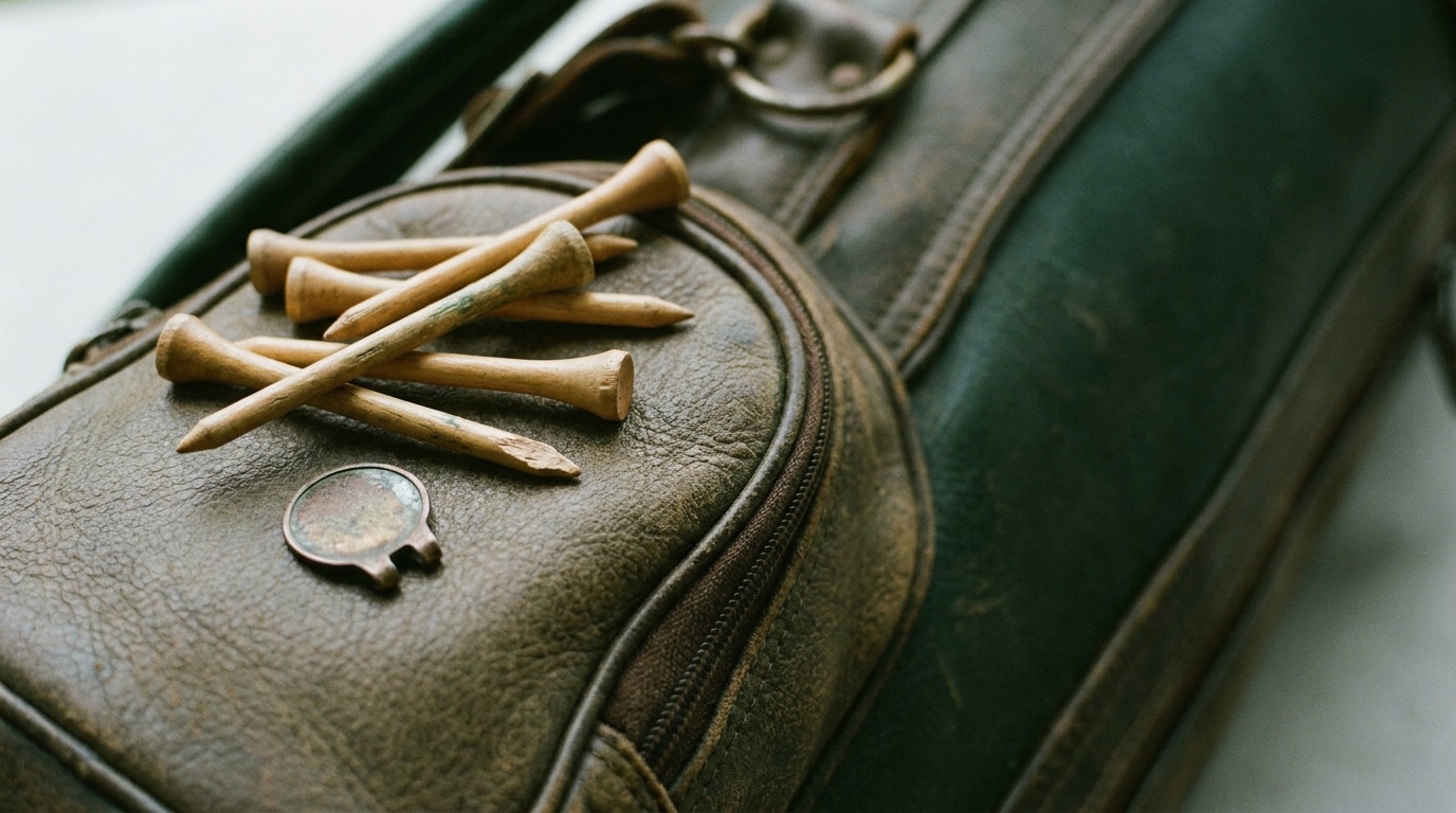 Golf tees and a small coin on brown leather golf bag