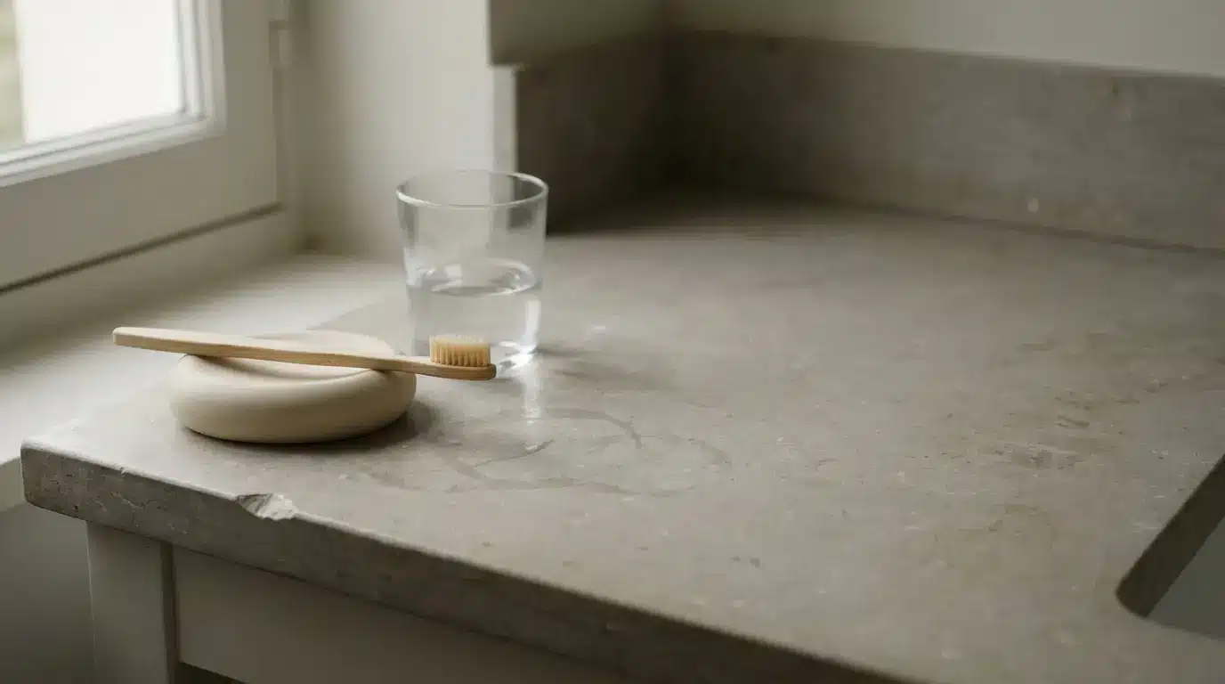 Bamboo toothbrush on stone countertop with glass of water nearby in minimal bathroom setting