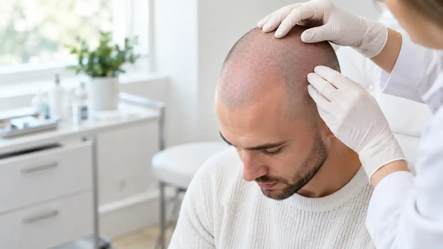 Doctor examining man's scalp in bright medical office with gloved hands