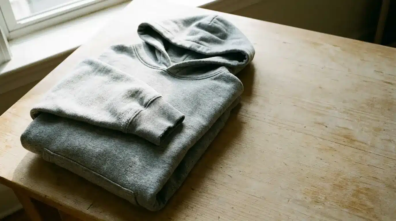 Gray hoodie folded on a wooden table by a window in natural light