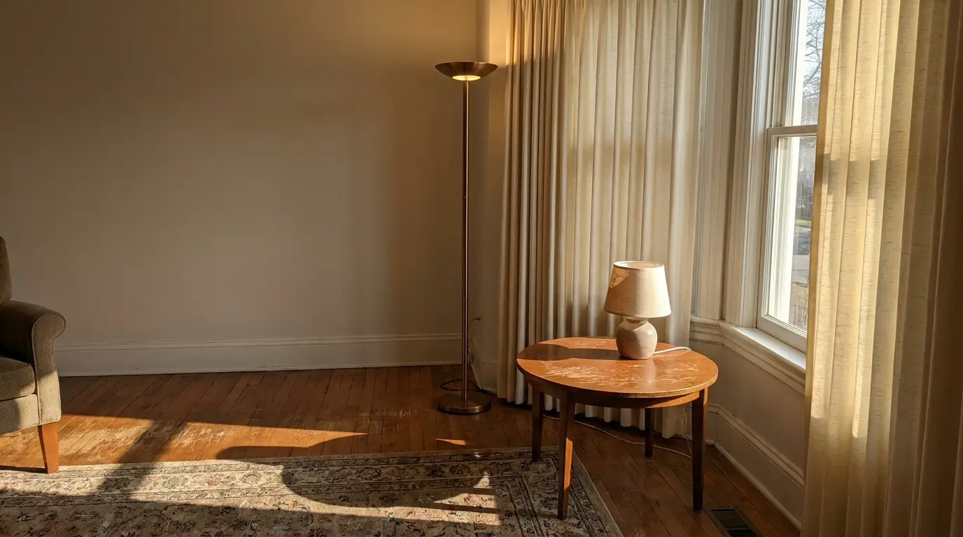 Cozy living room corner with floor lamp and wooden table under warm natural light