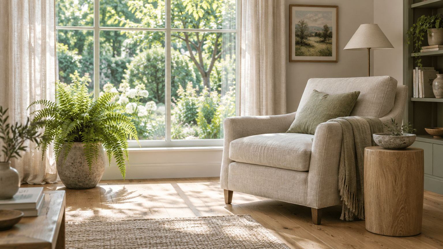 Cozy living room with beige armchair and large window overlooking lush garden